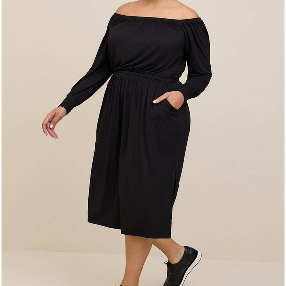 NEW TORRID Dress Midi Size 2X Pockets Off Shoulder Supersoft Long Sleeve Black - Picture 1 of 7